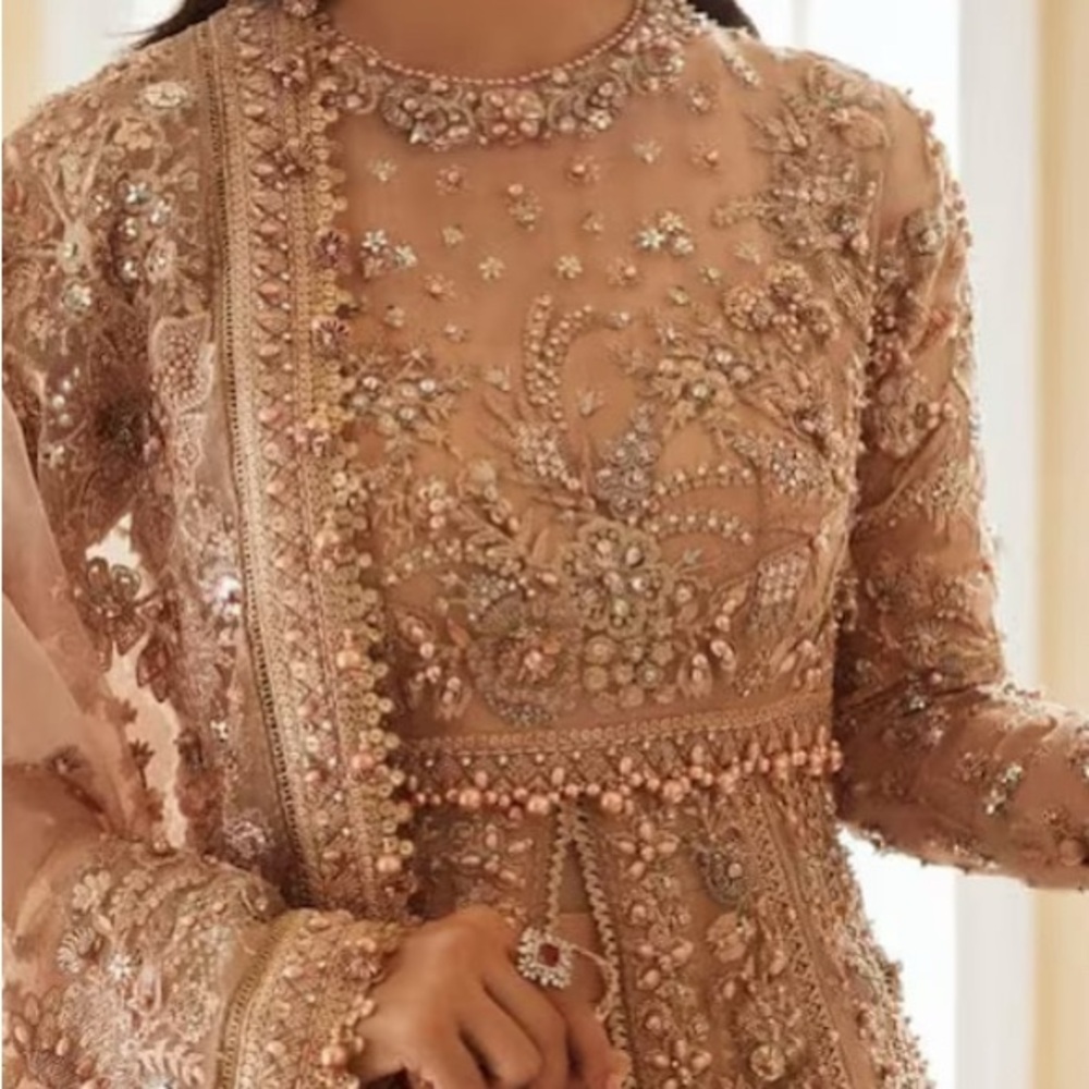 Embellished Beige Dress net embroidered lengha kurti bust 36/37 light chocolate